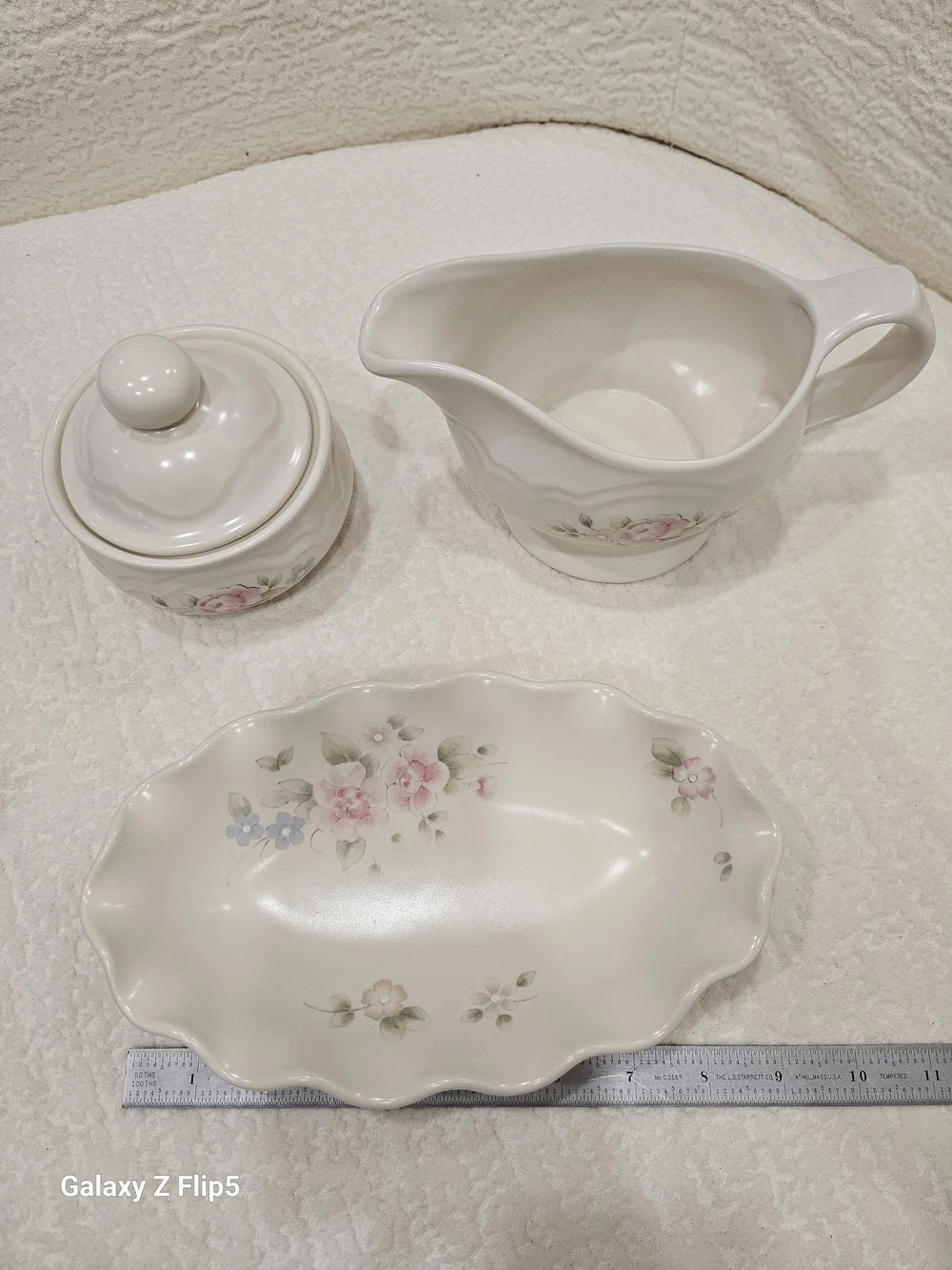 White Floral Ceramic Gravy Boat, Sugar Bowl & Serving Dish Set